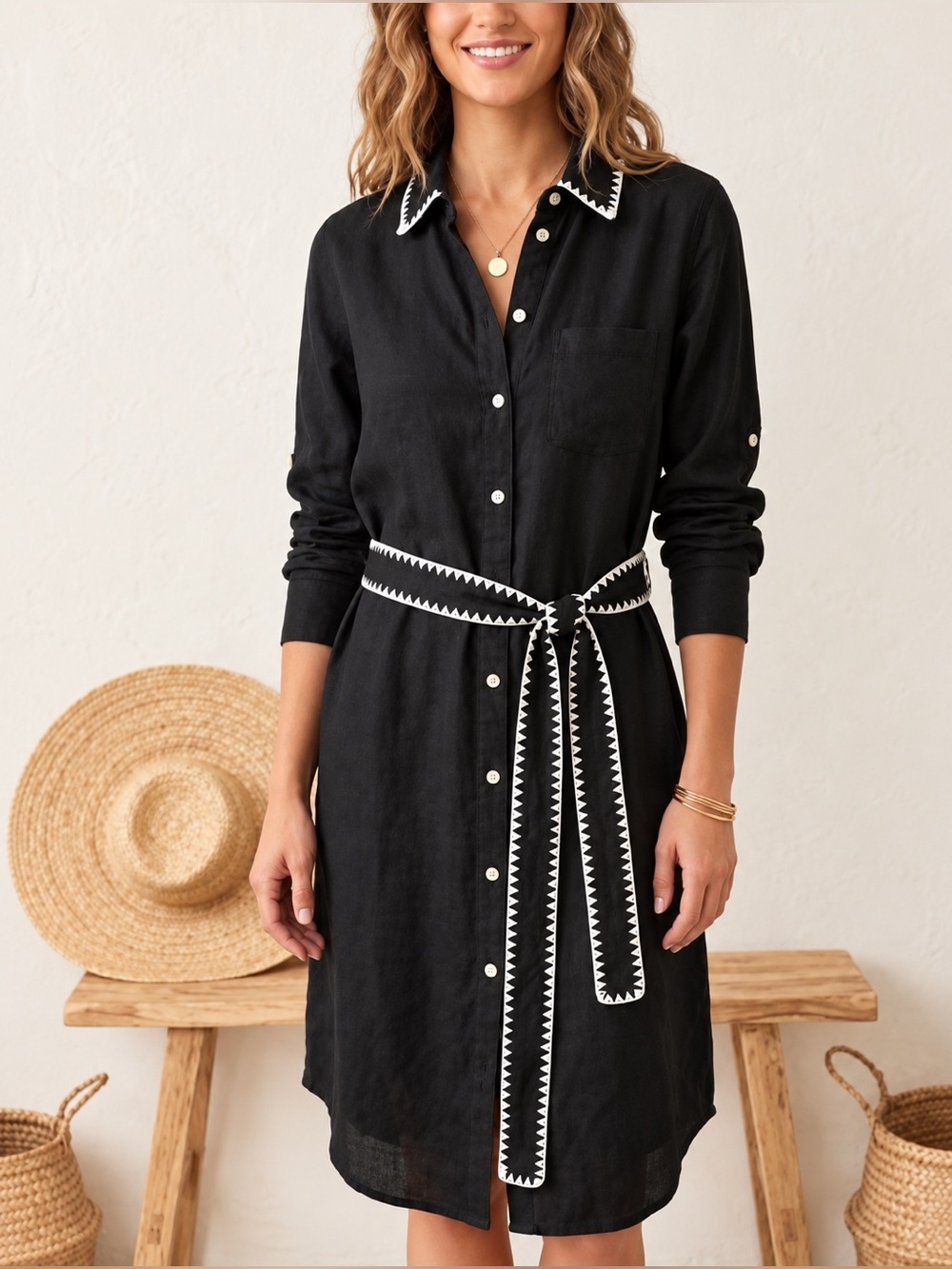 Magaschoni 100% Linen Black Button Front Shirtdress Belted Women’s Size S